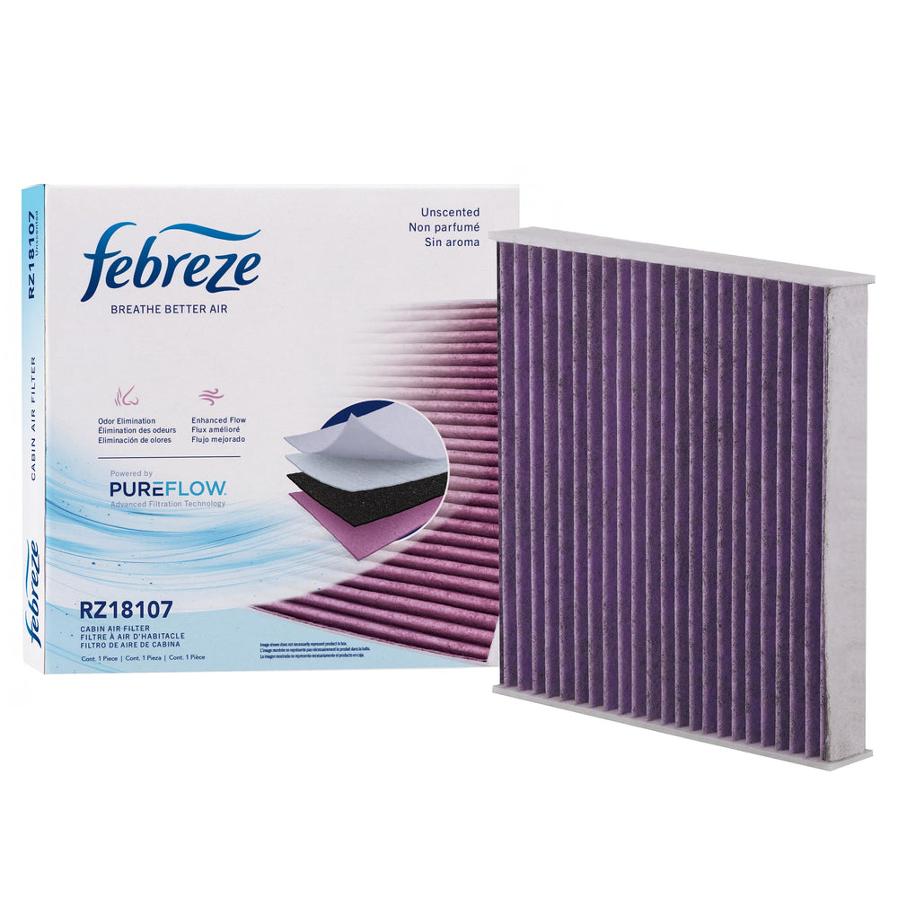 Febreze filter front packaging showing brand and model, highlighting odor control benefit