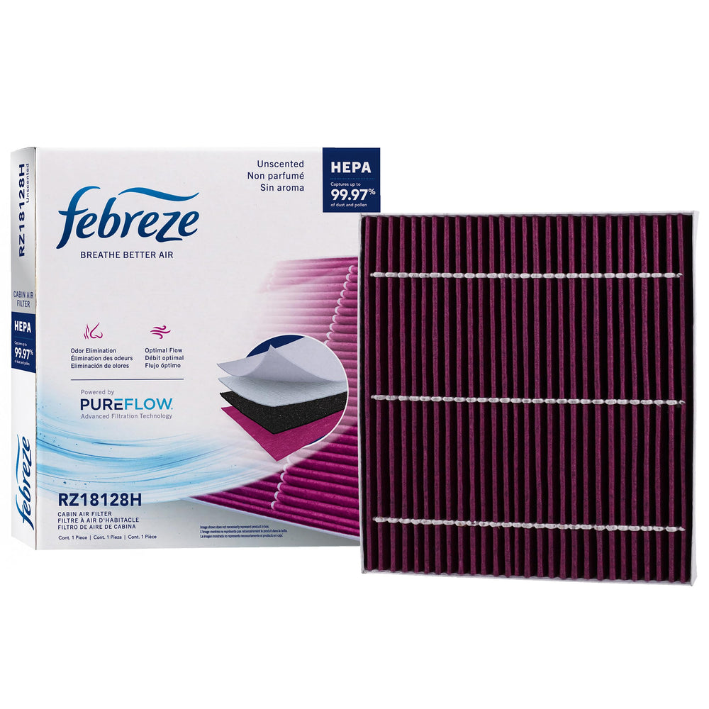 Febreze front packaging showing PUREFLOW RZ18128H filter and benefits