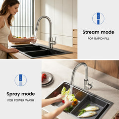 FEELSO pull-down sprayer extended showing long hose for full sink coverage