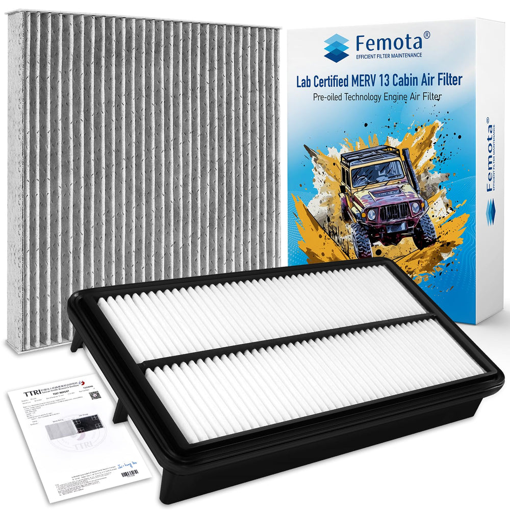 Femota cabin and engine filter kit front packaging showing contents and fitment