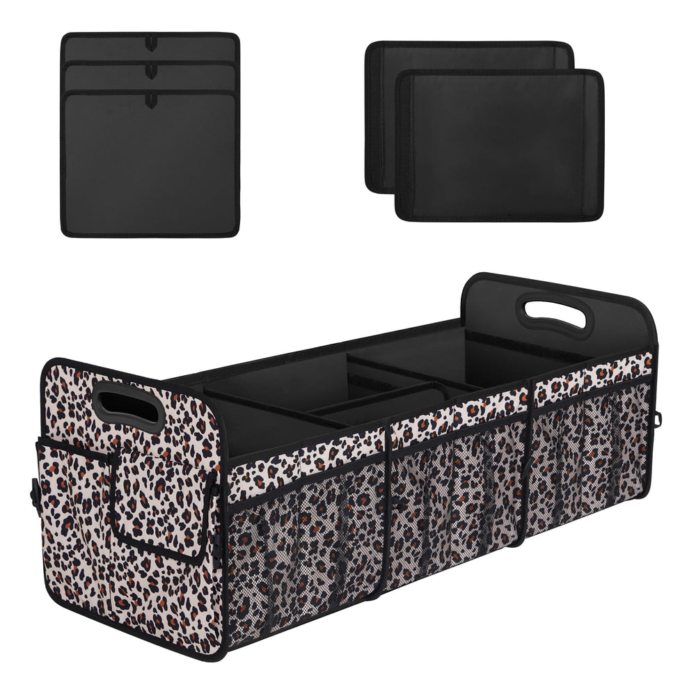 Femuar front view leopard print organizer showing roomy 90L capacity benefit