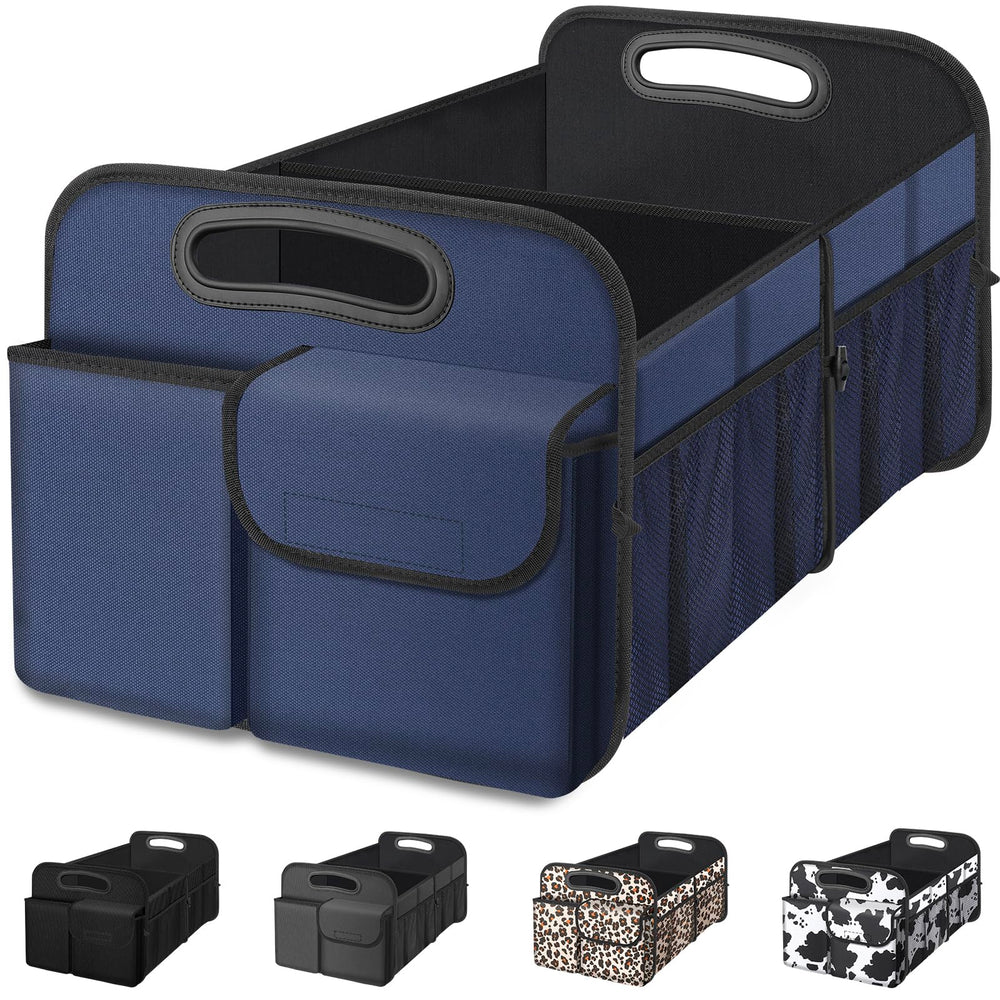 Femuar front view of trunk organizer showing five compartments and portability