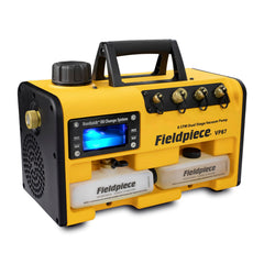 Fieldpiece VP87 front view showing compact pump design and carrying handle for easy transport