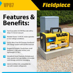 Fieldpiece VP87 motor close-up highlighting the ¾ HP DC motor for consistent evacuation power