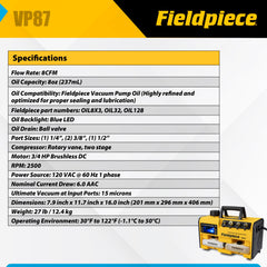 Fieldpiece VP87 RunQuick oil system close-up showing oil port to speed clean oil changes
