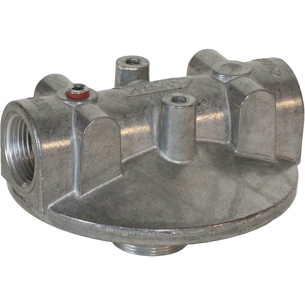 Fill-Rite filter head front view showing threads and durable casting, ensures secure filter seal