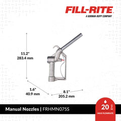 Fill-Rite nozzle spout close-up highlighting 15/16" tip for accurate fuel delivery