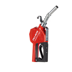 Fill-Rite front view of nozzle showing red 13/16" spout and cast-aluminum body for durable fueling