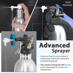 FIRSTINFO threaded two-way nozzle close-up showing replaceable design and control