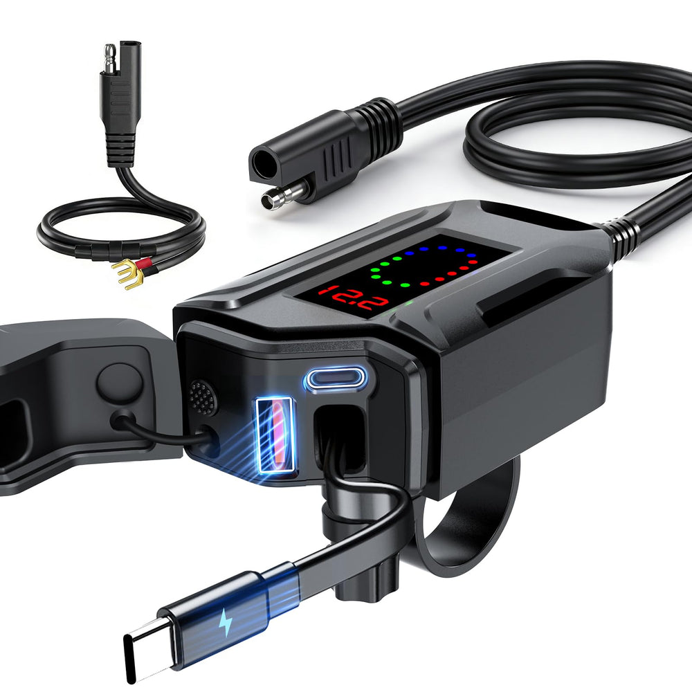 FISHOAKY front view handlebar-mounted charger showing ports and switch for quick access