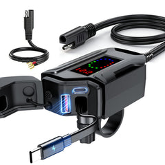 FISHOAKY front view handlebar-mounted charger showing ports and switch for quick access