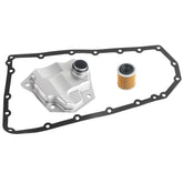 Fitede front view of complete transmission filter kit showing components and benefits