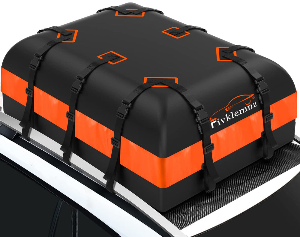 FIVKLEMNZ front view of rooftop bag showing sturdy waterproof cover and storage benefit