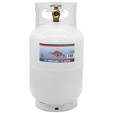 Flame King front view of white 10LB steel propane tank showing shape and handle for portability