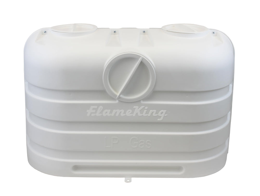 Flame King front view of cover protecting two 20lb tanks, shows neat organized appearance
