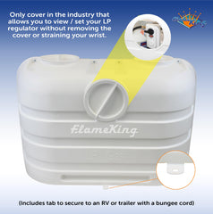 Flame King side access port visible, allows regulator checks without removing cover