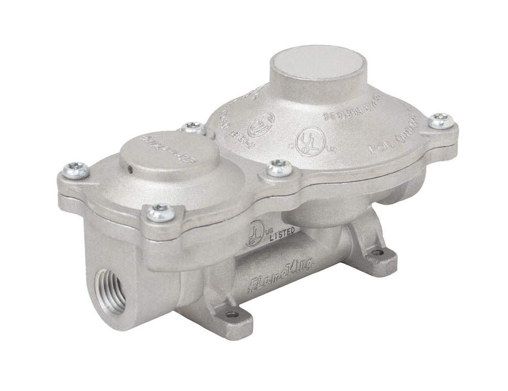 Flame King front view of vertical regulator showing secure fittings and benefit of steady gas flow