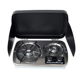 Flame King front view of two-burner cooktop showing compact layout and travel-ready design