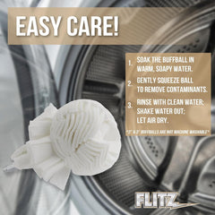 FLITZ buff ball held next to hand showing size and tool fit