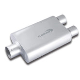 Floshine muffler front view showing inlet and balanced outlets benefit durability