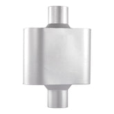 Floshine front view of muffler showing clean silver finish and compact profile, durable design benefit