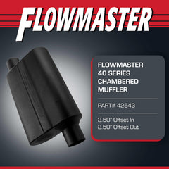 Flowmaster side profile displaying compact chambered layout and fitment benefit