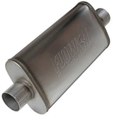 Flowmaster front view showing muffler shape and brand, improves exhaust tone