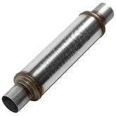 Flowmaster front view of muffler showing inlet outlet and benefit of fit adaptability