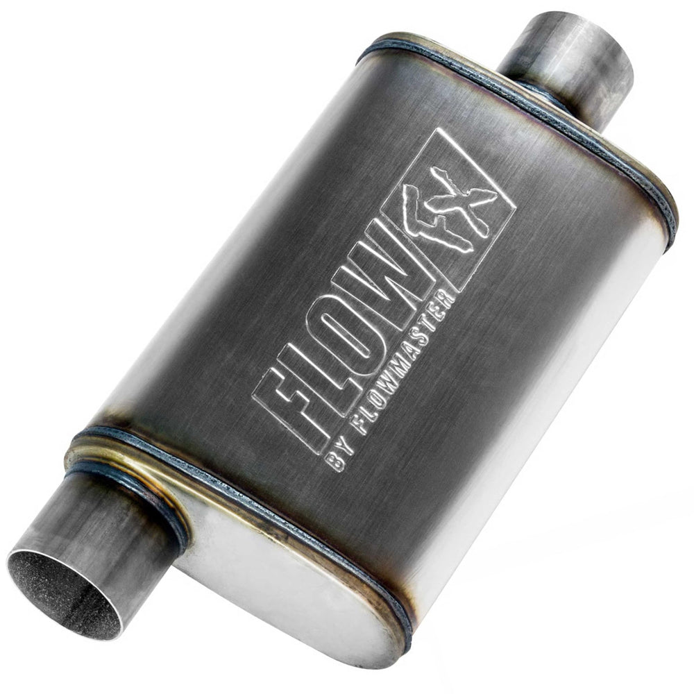 Flowmaster front view of muffler showing inlet and body, improves airflow