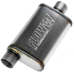 Flowmaster front view of muffler showing inlet and body, improves airflow