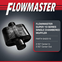 Flowmaster Super 10 side profile highlighting compact case length and fitment benefit