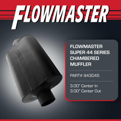 Flowmaster Super 44 side profile highlighting dual-chamber shape for deeper tone