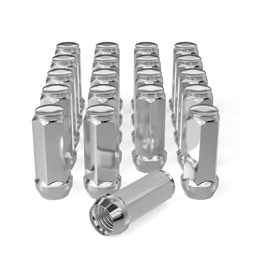 FLYCLE front view of chrome lug nuts showing neat packaging and polished finish