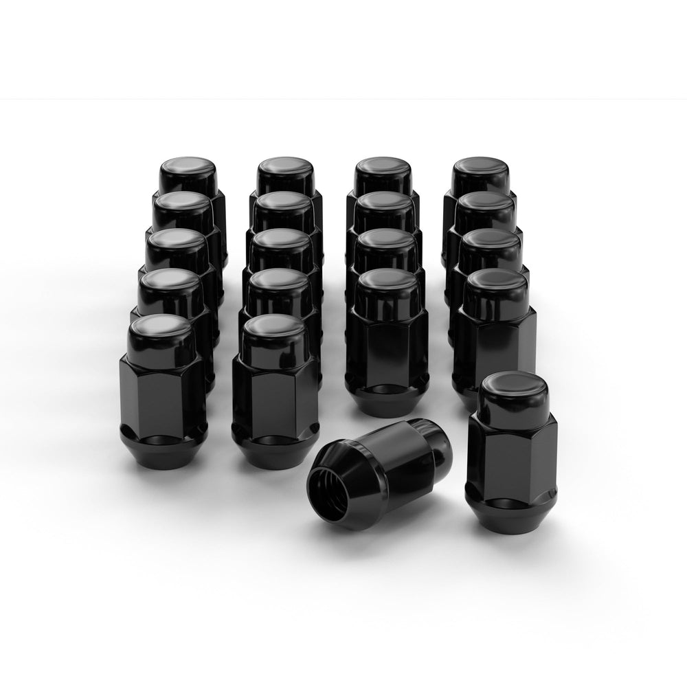 FLYCLE front view of 20 black lug nuts showing finished appearance and protection