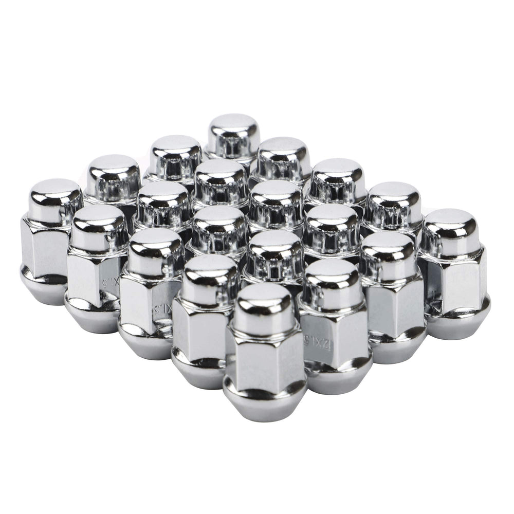 FLYCLE front view of 20 chrome lug nuts showing complete set and polished look for curb appeal