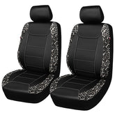 Flying Banner packaging front view showing two front seat covers and benefit of easy installation