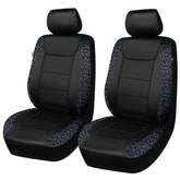 Flying Banner front view showing leopard gray velvet and black faux leather protecting seats