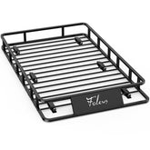 Folews front view of roof basket showing wide cargo platform and secure containment