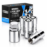 FOMIUZY front view of four wheel locks showing chrome finish and matching key benefit
