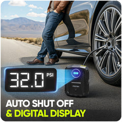 FORTEM built-in LED flashlight illuminating a roadside tire at night