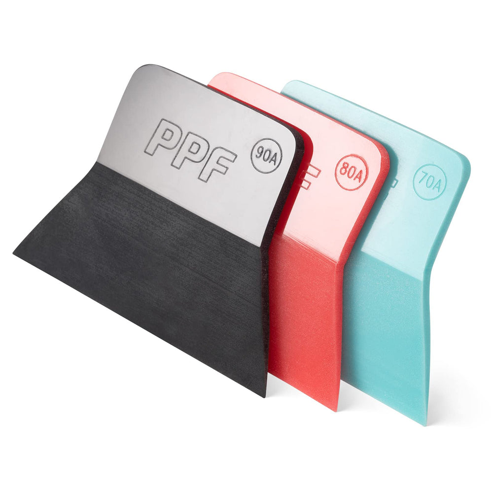 FOSHIO front view of three-color squeegees showing tool variety and versatility