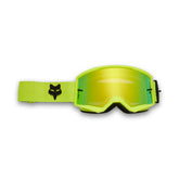 Fox Racing front view of fluorescent yellow goggles showing large viewport for better vision