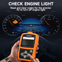 FOXWELL NT201 plugged into vehicle OBD2 port under dash demonstrating simple setup