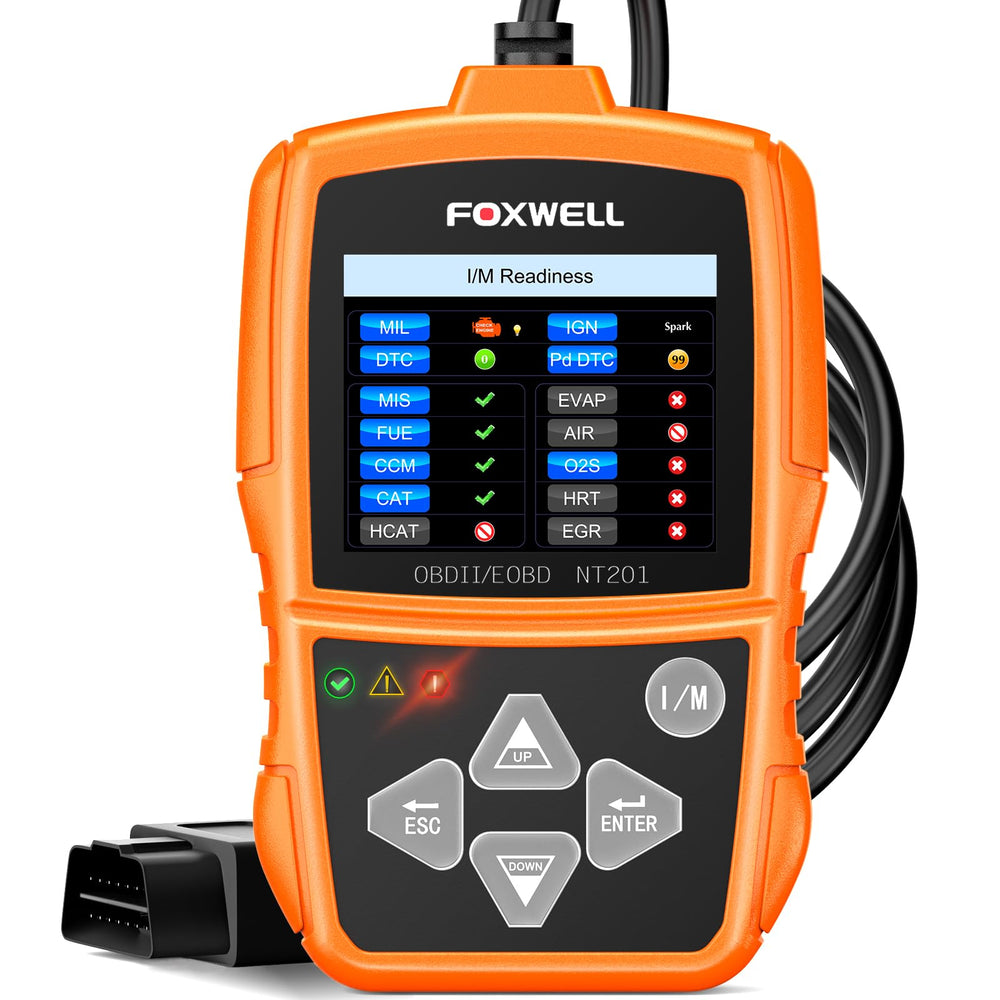 FOXWELL NT201 front view showing compact case and connector for easy storage and use