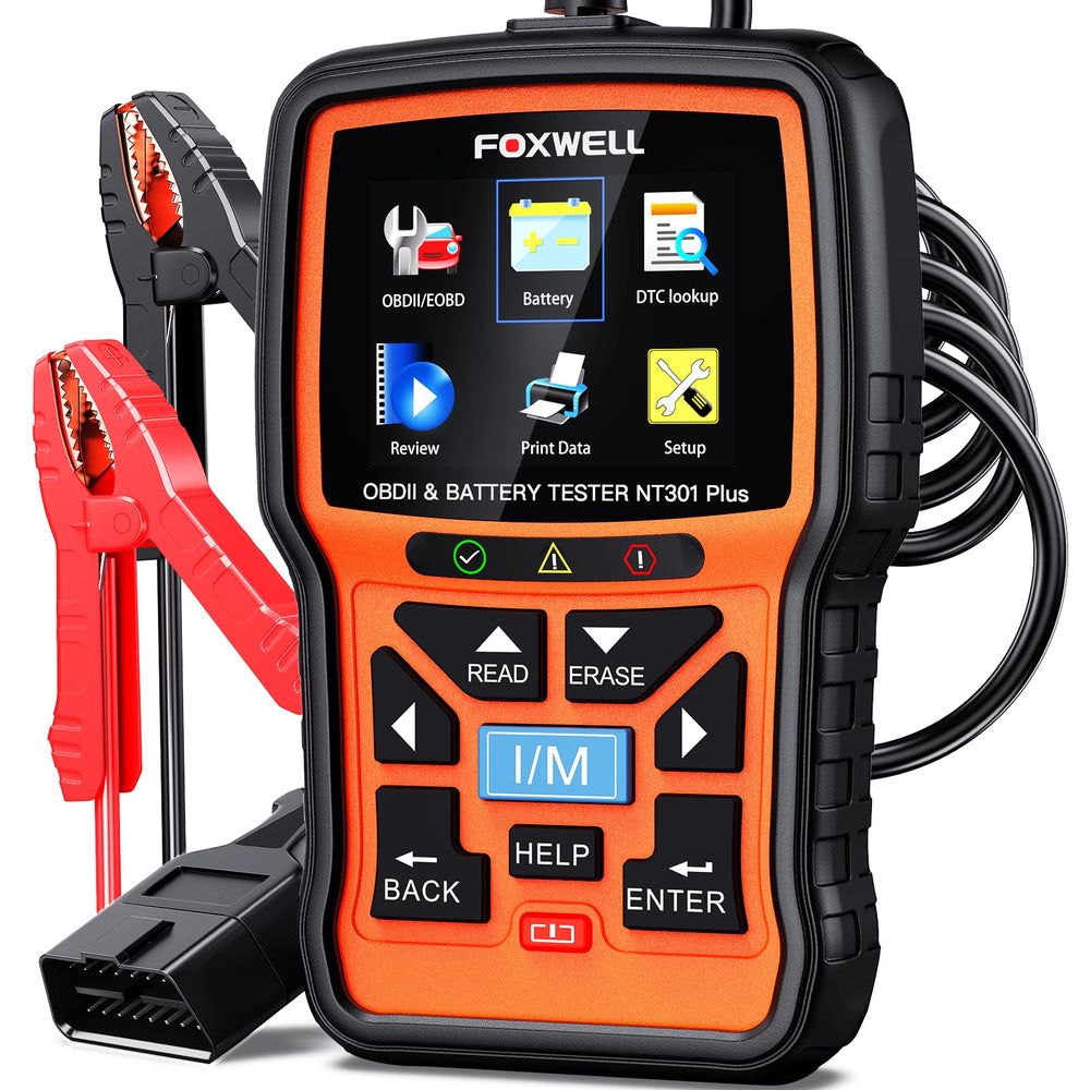 FOXWELL NT301 Plus front view showing compact design and 2.8 inch screen for quick diagnostics