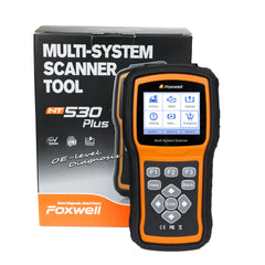 FOXWELL NT530 connector ports close-up showing robust OBD2 cable connection for secure diagnostics