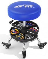 FreekyFit front view of blue rolling shop stool shows stable frame and seat