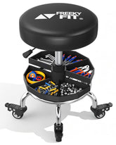 FreekyFit front view of rolling shop stool showing compact design and mobility