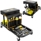 FreekyFit front view of rolling shop stool showing tray and seat for organized work