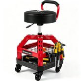 FREEKYROCK front view of rolling shop stool showing sturdy frame and red seat